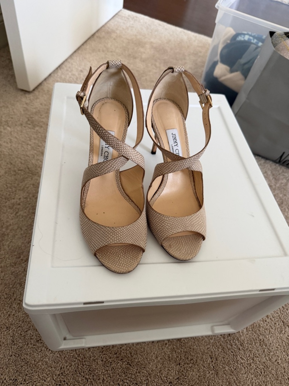 Jimmy Choo Nude Snakeskin Textured Crisscross Peep-Toe Heels